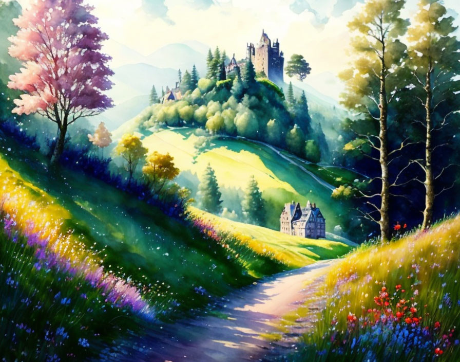 Colorful Watercolor Countryside Scene with Castles and Trees