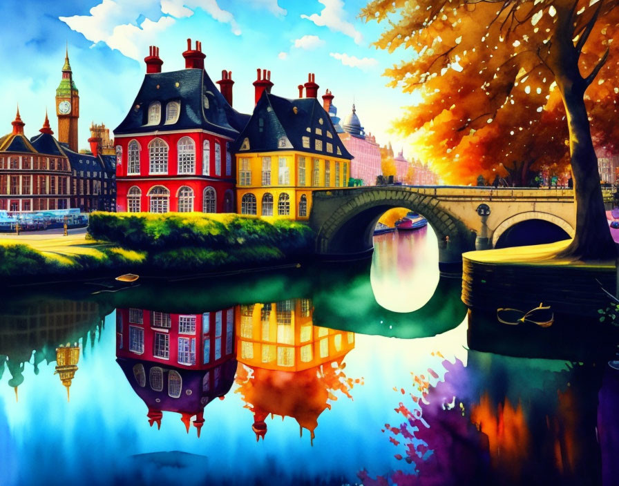 Vibrant riverside scene with European-style buildings, bridge, autumn tree reflection