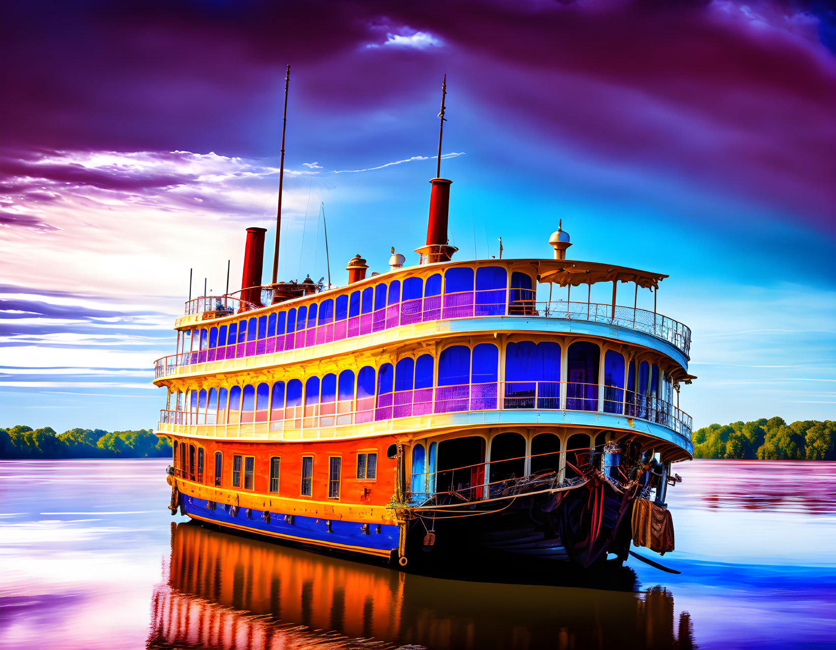 Vintage Paddle Steamer Boat on Tranquil Lake at Dusk