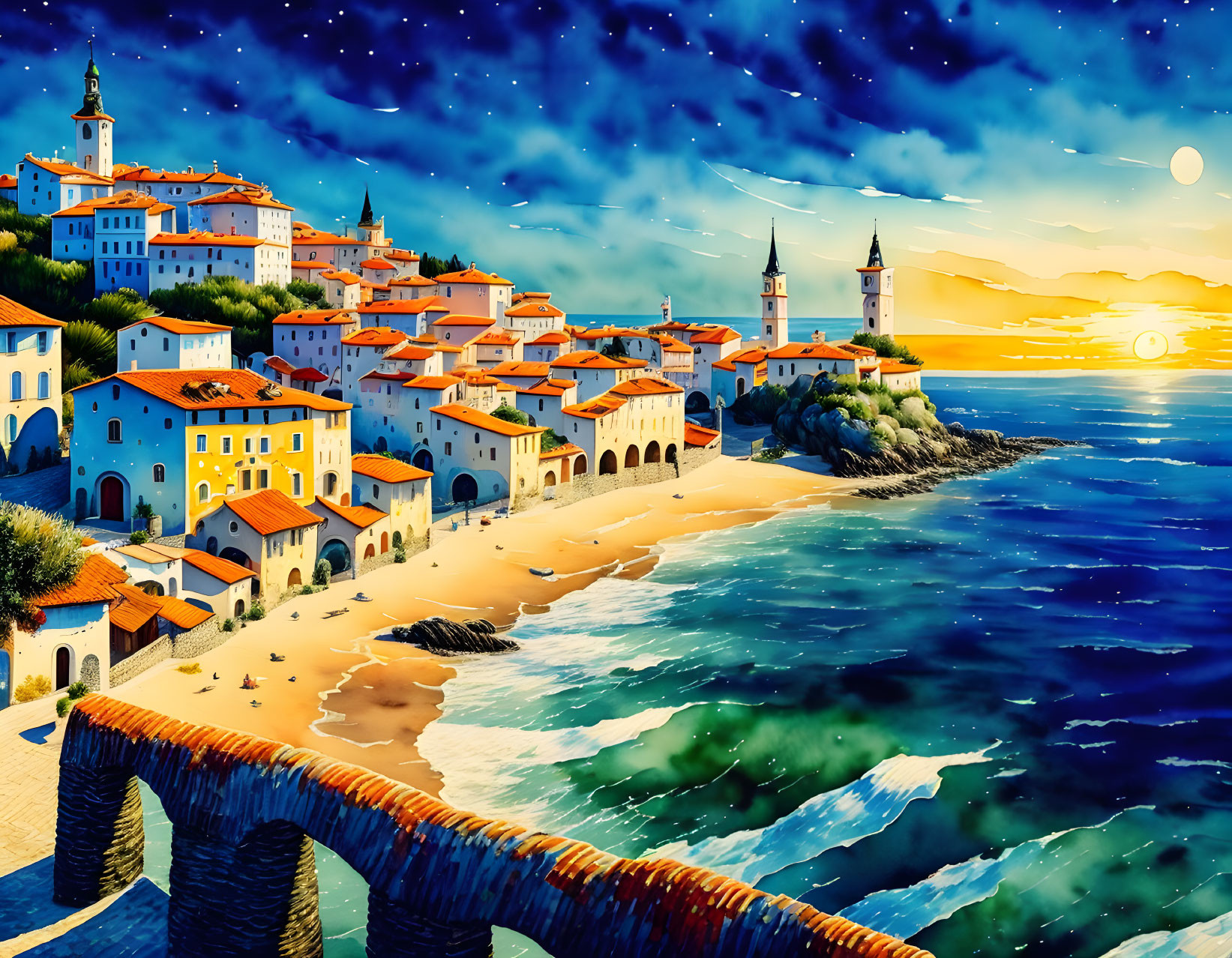 Scenic seaside village at night with colorful buildings and glowing sunset