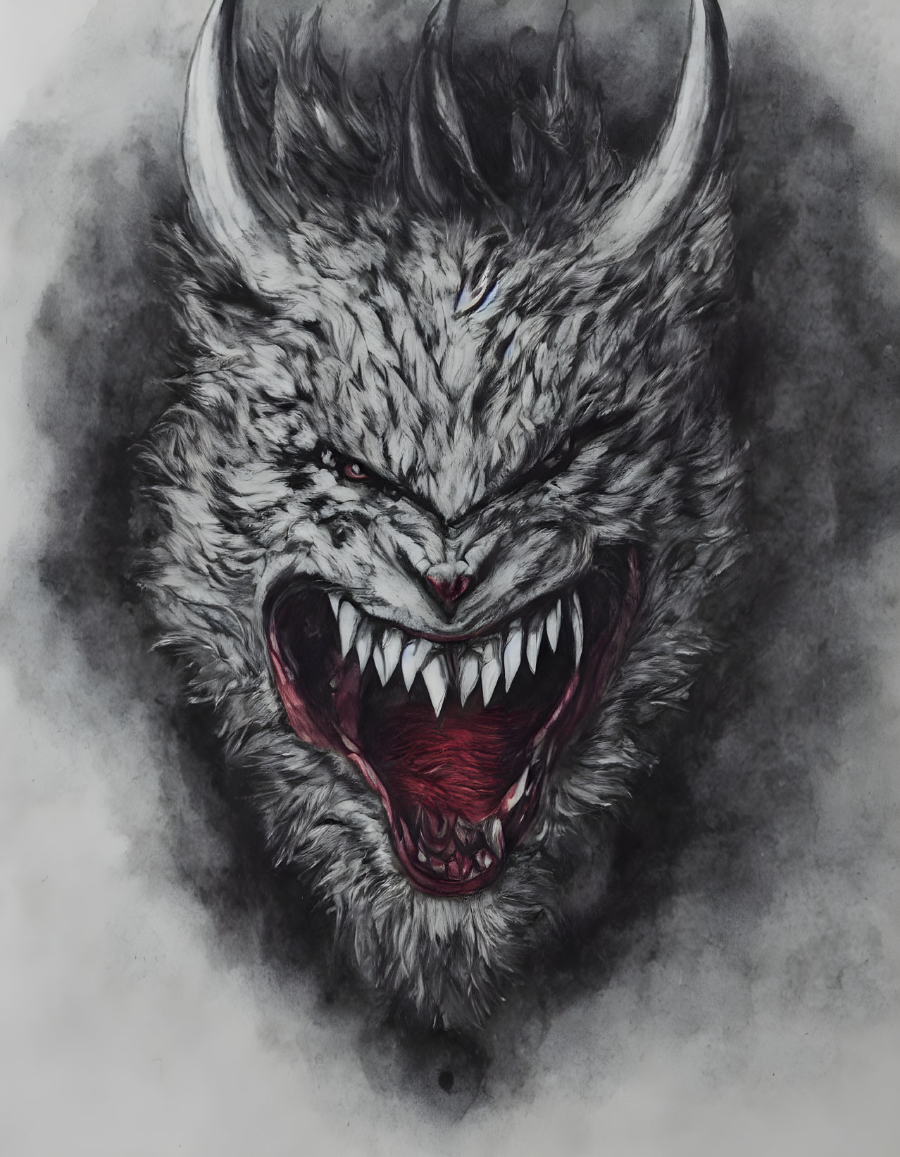 Ferocious wolf with sharp fangs and red eyes in misty scene