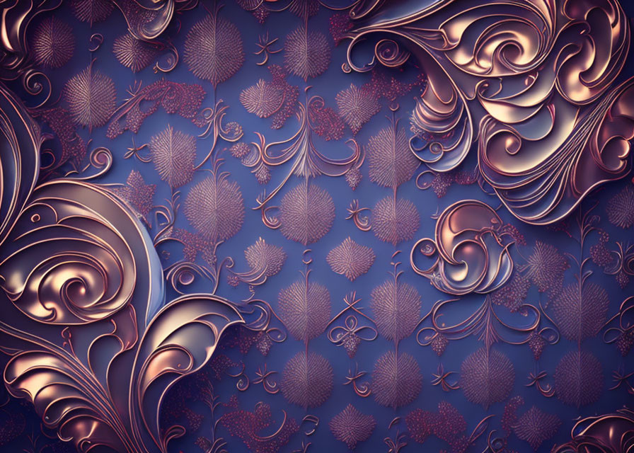 Luxurious gold and purple floral pattern with embossed swirls and leaves