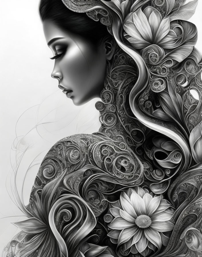 Detailed monochrome woman illustration with floral and paisley motifs.