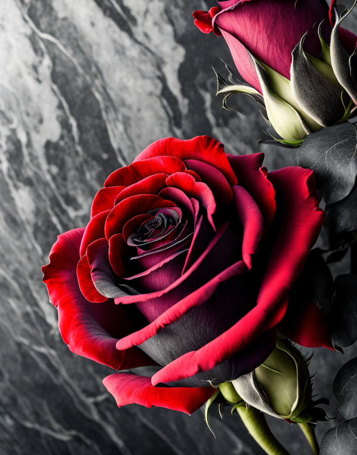 Detailed Close-Up of Vibrant Red Rose with Dark Core on Grey Background