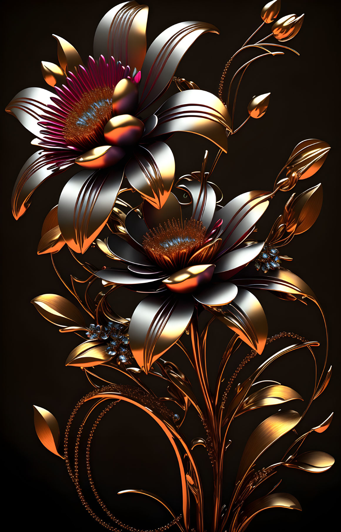 Stylized metallic flowers in gold and bronze on black background