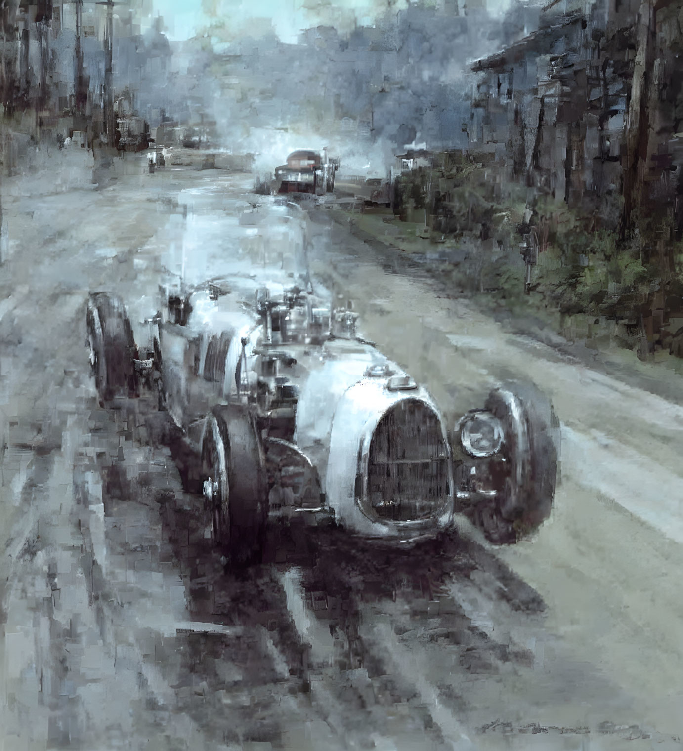 Impressionist-style vintage racecar painting on wet road