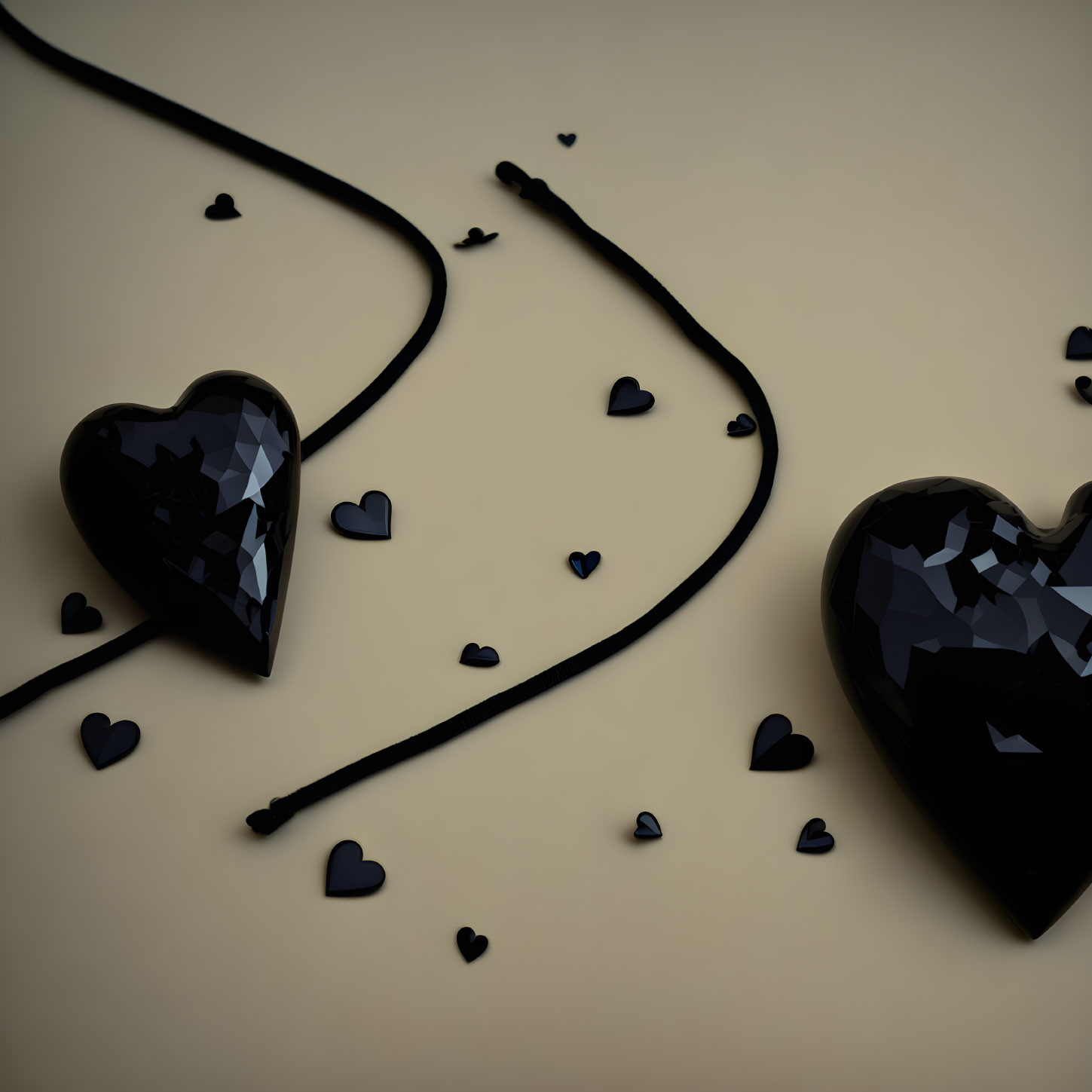 Glossy Heart-Shaped Objects Connected by Cord on Beige Background