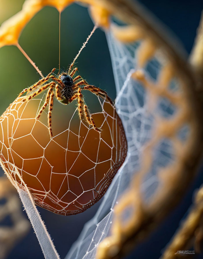 Dew-covered web with spider on blurred background