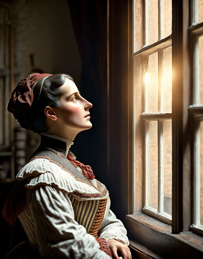 Vintage clothing woman gazes out window in sunlight portrait