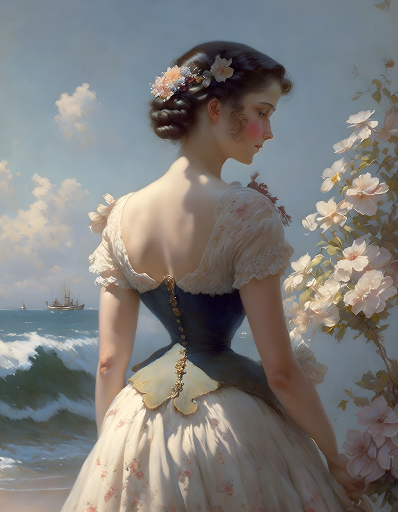 Woman in white and blue dress by the sea with flowers in her hair