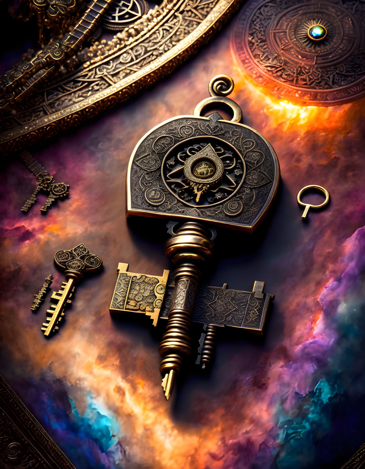 Intricate antique key surrounded by celestial bodies on cosmic backdrop