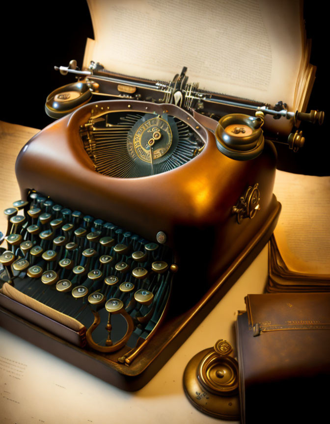 Vintage Typewriter with Round Keys on Desk with Open Book and Leather Notebook