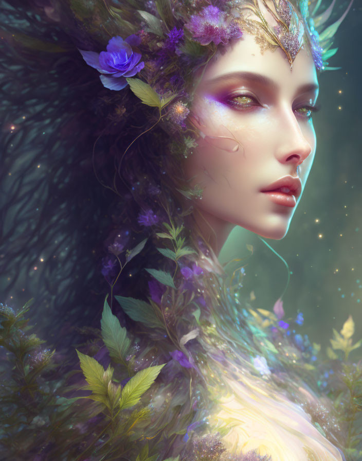 Fantasy portrait of woman with floral adornments and mystical aura on green background