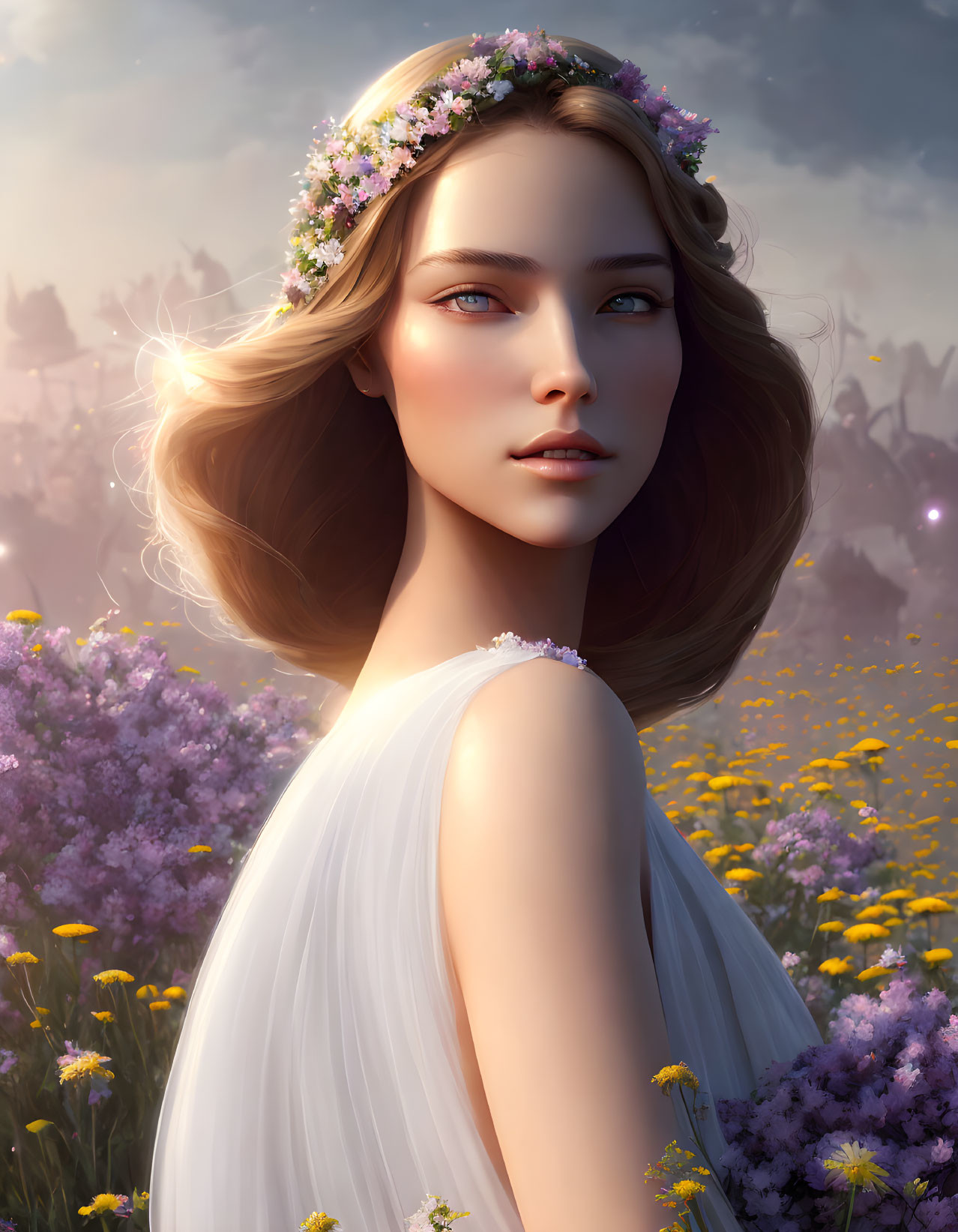 Woman in floral crown and white dress in blooming meadow with warm glow