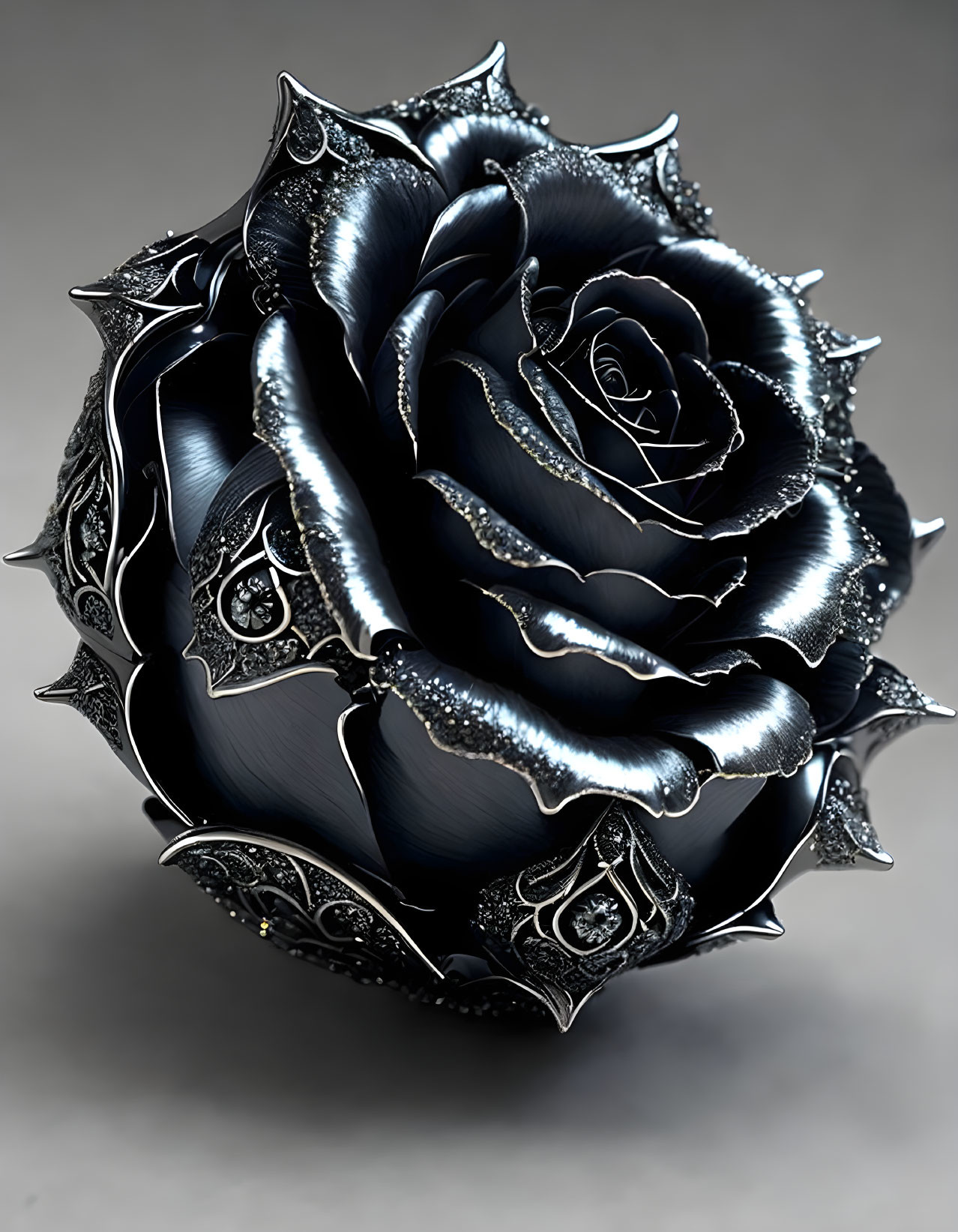 Detailed Metallic Black Rose with Silver Edges and Patterns