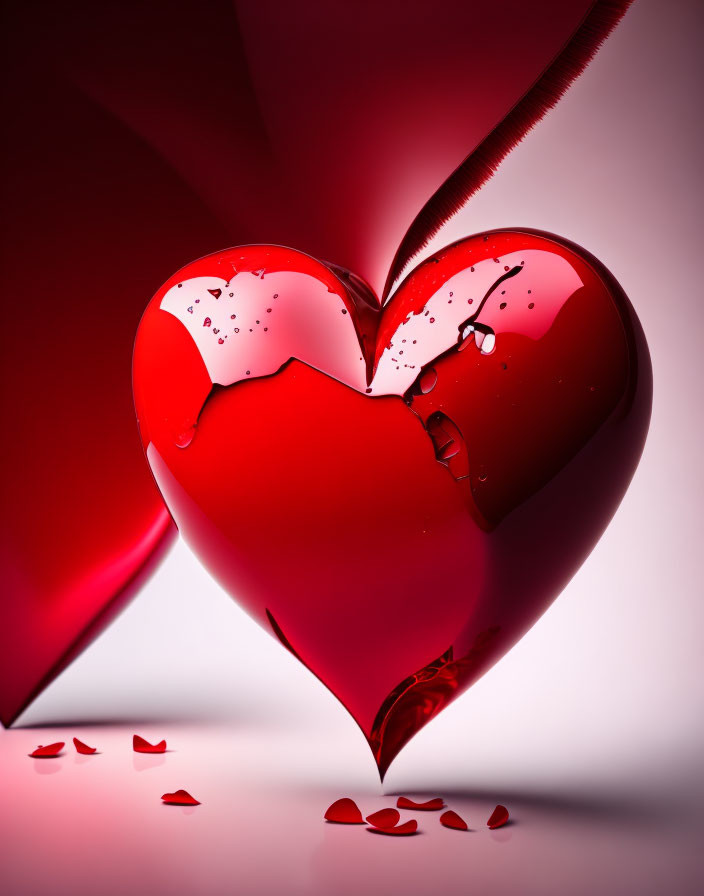 Cracked red heart-shaped object on pink background