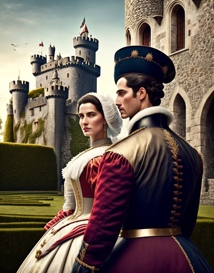 Regal individuals in Renaissance attire at castle garden