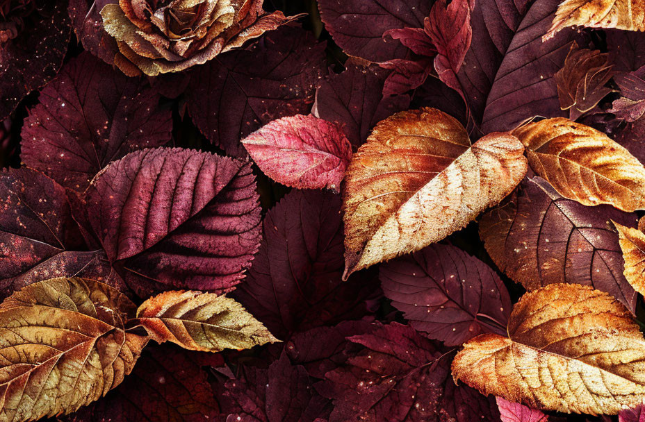 Assorted red, brown, and gold autumn leaves in vibrant display