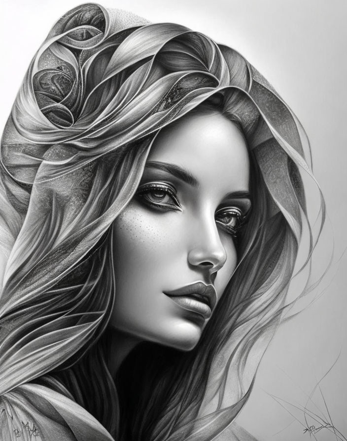 Detailed monochromatic artwork of woman with flowing hair and intricate headscarf.