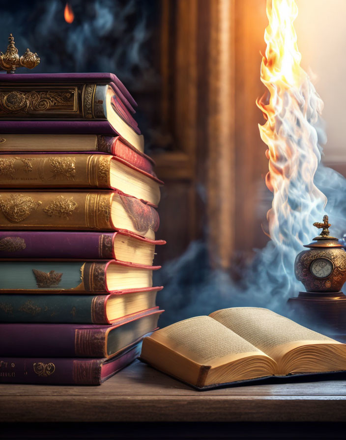 Ornate antique books with mystical blue flame on desk