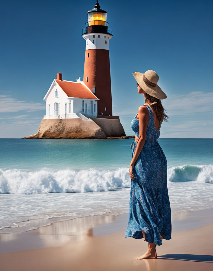 Woman in Blue Dress and Hat at Beach with Lighthouse on Clear Day