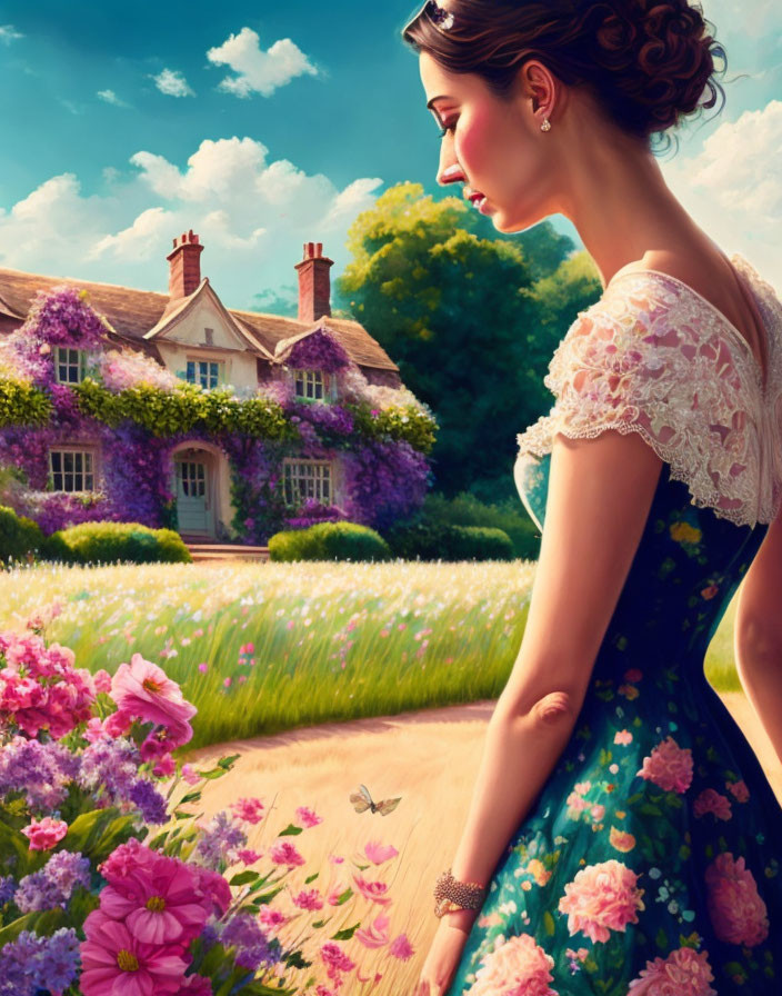 Woman in floral dress enjoying garden near quaint house with purple flowers on sunny day