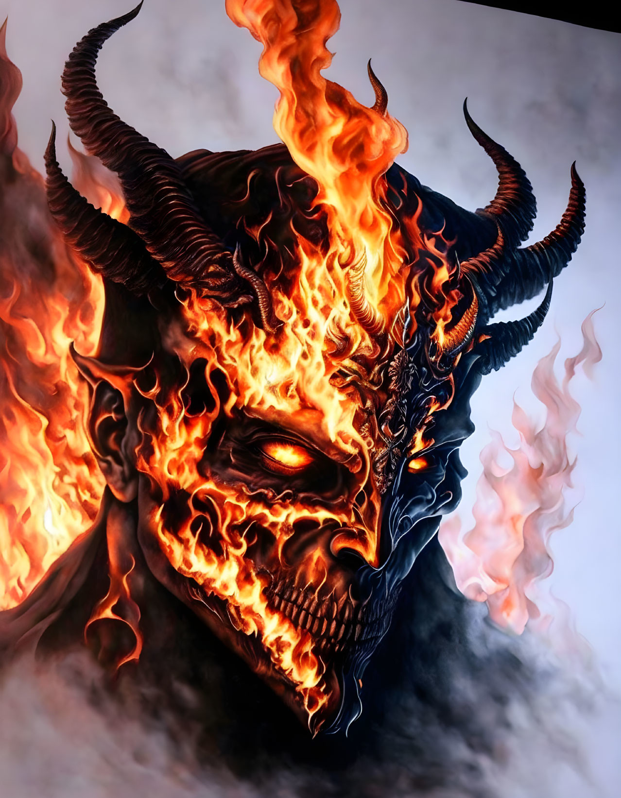 Fiery demonic face with horns in vivid flames