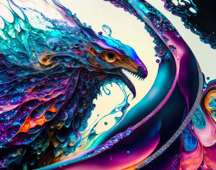 Colorful Abstract Art: Fluid Shapes & Rich Colors of Fantastical Creature in Aquatic Setting