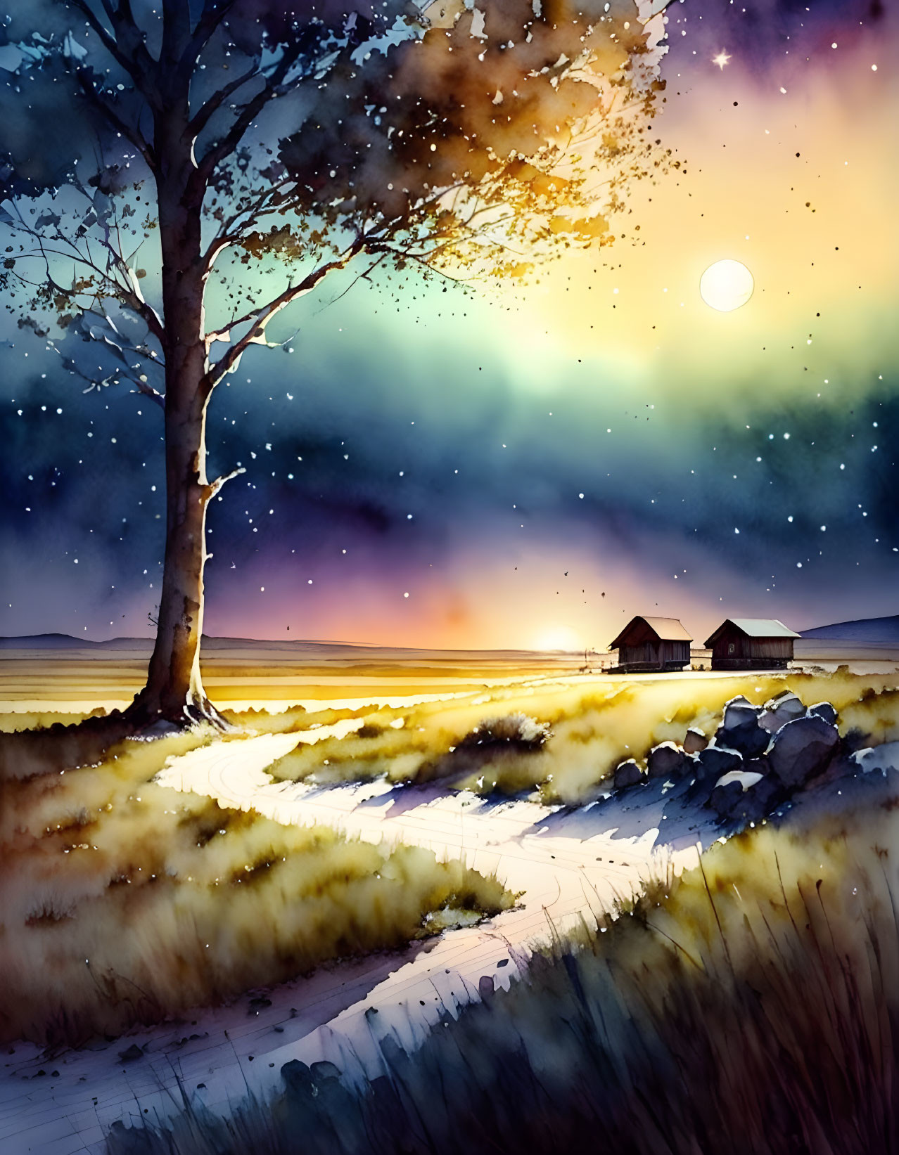 Night scene watercolor painting with tree, path, houses, starry sky, and bright horizon.