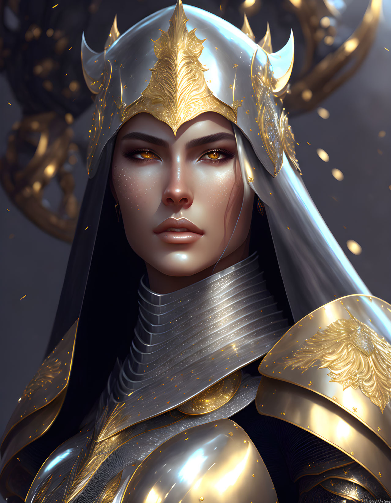 Golden-armored female warrior in ornate helmet on dark background