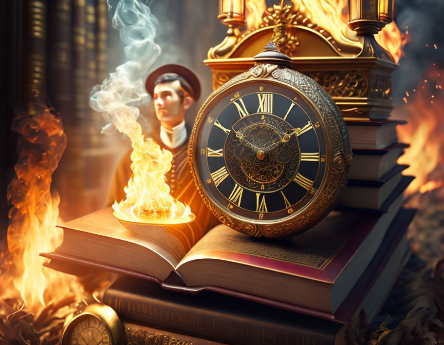 Vintage clock, burning books, bust, and ornate lamp on a desk in mysterious scene