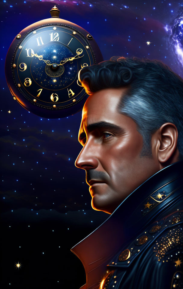 Stylized portrait of a man with a mustache in cosmic setting