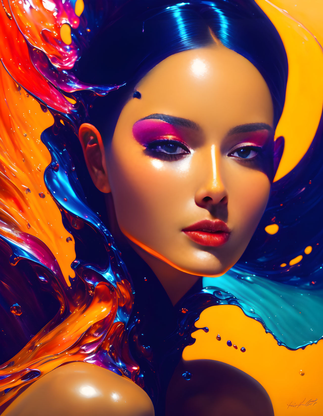 Colorful digital artwork: Woman with vibrant makeup and liquid flow.