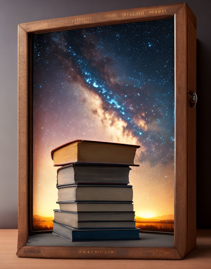 Books stacked in wooden frame with cosmic starscape sunset view