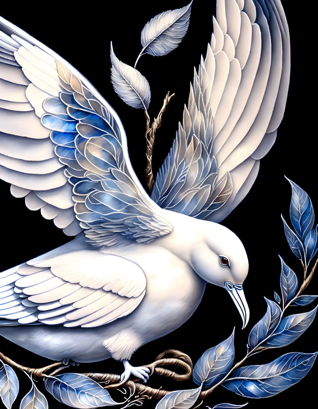 Detailed White Dove Illustration in Flight with Dark Leaves and Branches