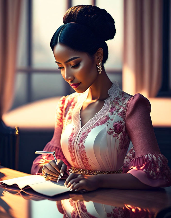 Vintage embroidered dress woman writing with updo hairstyle in sunlight