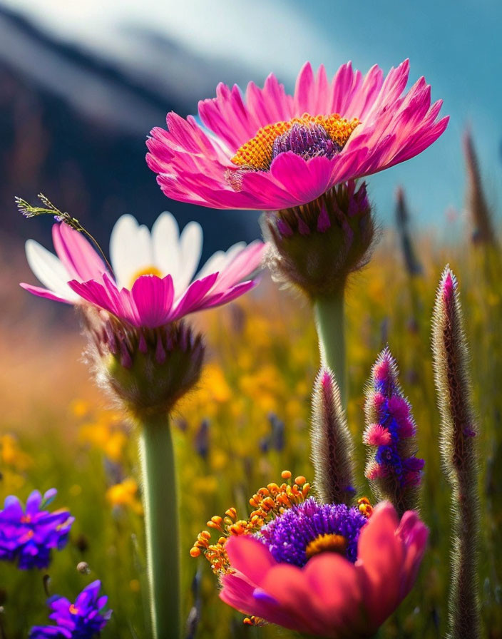 Bright Pink Gerbera Daisies in Full Bloom Among Colorful Meadow