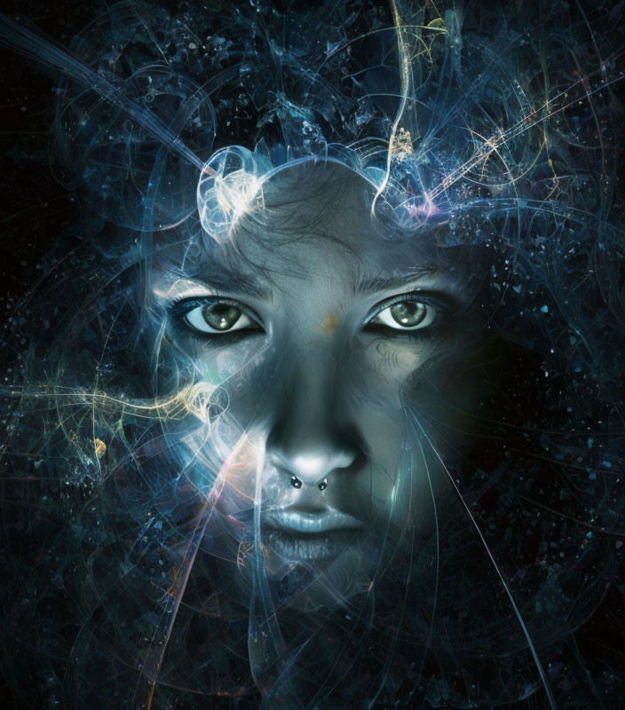 Abstract digital artwork: Woman's face with cosmic, fractal elements in blue