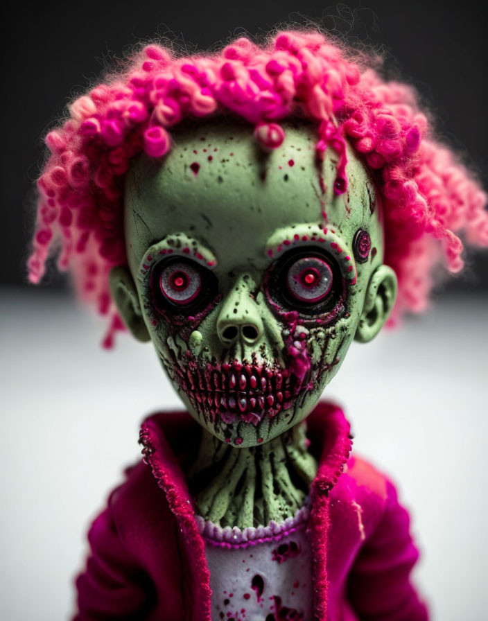 Detailed Zombie Toy with Green Skin and Pink Hair on Blurred Background