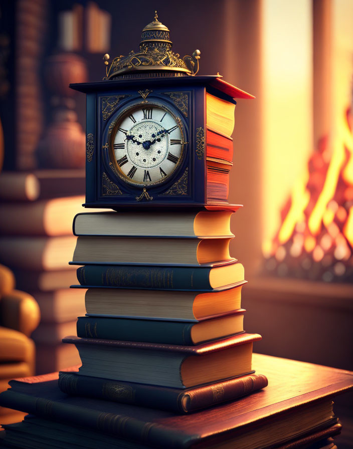 Blue ornate clock on books with fireplace ambiance