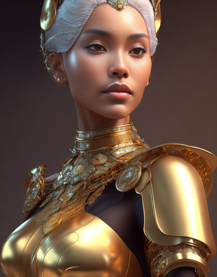 Digital artwork: Woman in golden ornate armor and headgear, regal & futuristic