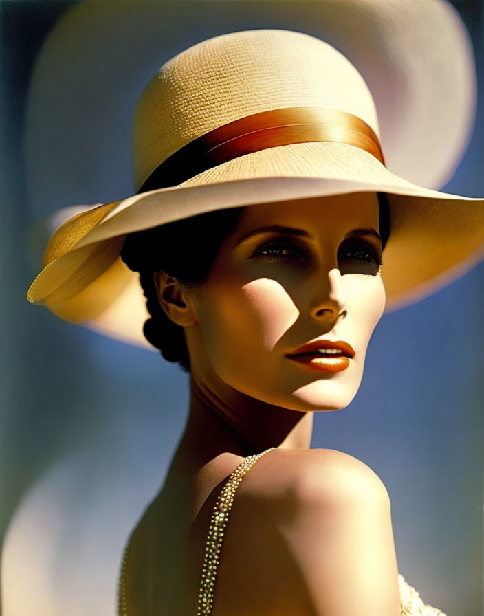 Portrait of woman in wide-brimmed hat and pearls against warm background