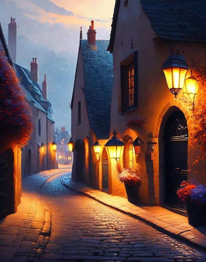 Twilight scene: cobblestone street, quaint houses, warm lanterns, falling snowflakes