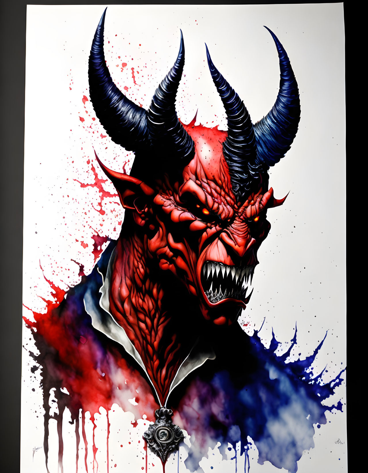 Vibrant red demonic figure with horns and intense eyes in splattered ink effect