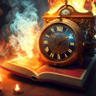 Vintage Clock on Burning Book Illustrating Time's Fleeting Nature