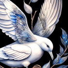 Detailed White Dove Illustration in Flight with Dark Leaves and Branches