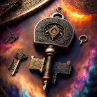 Intricate antique key surrounded by celestial bodies on cosmic backdrop