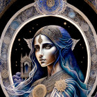 Female figure with elfin ears in celestial setting.