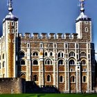 Majestic castle watercolor painting with turrets and arched windows