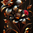 Stylized metallic flowers in gold and bronze on black background